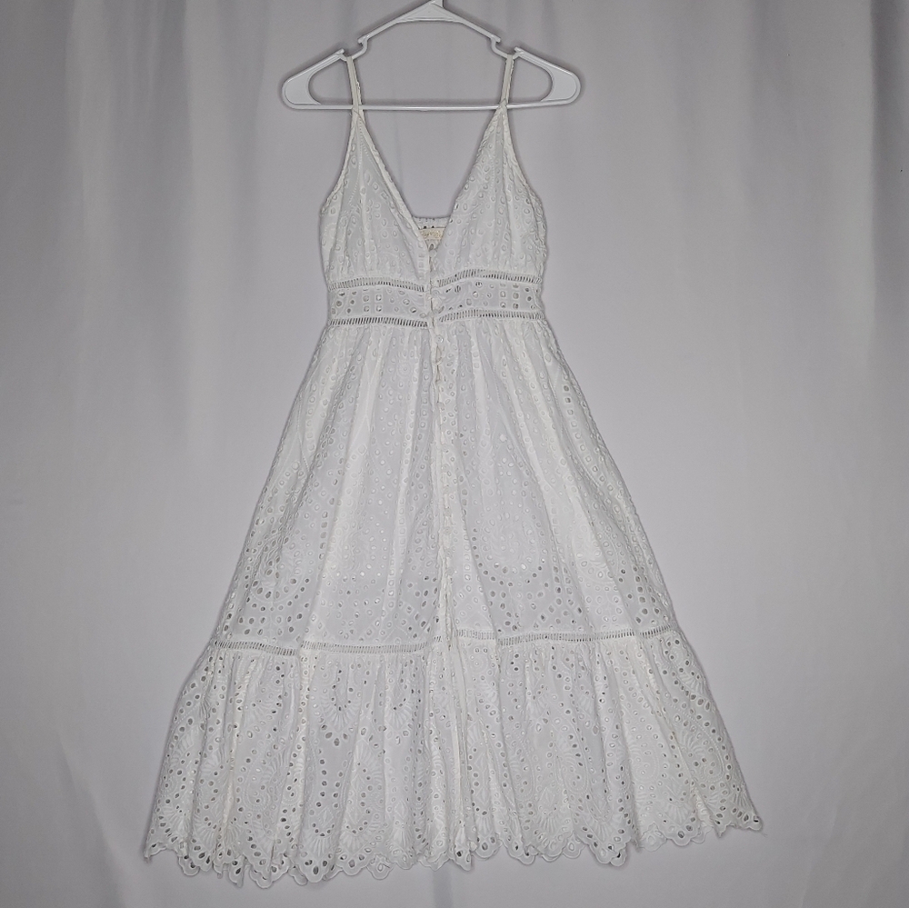 Gingham & Heels White Eyelet Dress Womens XS Empire Strappy Button Cottagecore